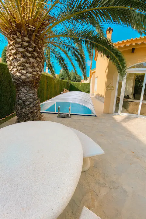 Terraza con palmera y piscina cubierta